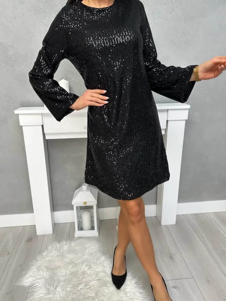 Czarna Cekinowa Sukienka z Wiązaniem 13408-316-A|Modna Kiecka Discount
