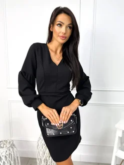 Czarna Klasyczna Sukienka z Dekoltem V 13065-55-A|Modna Kiecka Outlet