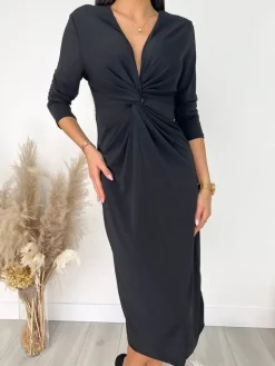 Czarna Kopertowa Sukienka Midi 9314-45-Q|Modna Kiecka Best