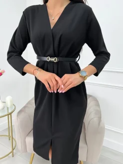 Czarna Kopertowa Sukienka z Paskiem 9685-10-B|Modna Kiecka Outlet
