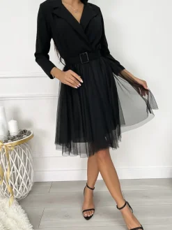 Czarna Kopertowa Sukienka z Tiulem 9257-238-B|Modna Kiecka Discount