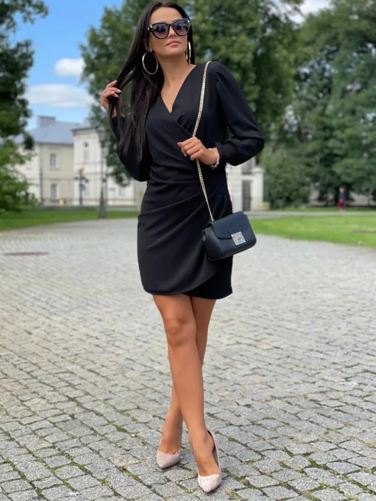 Czarna Kopertowa Sukienka 11698-18-A|Modna Kiecka Clearance