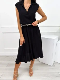 Czarna Letnia Sukienka Midi z Kołnierzykiem 12414-281-D|Modna Kiecka Outlet