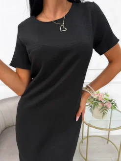 Czarna Lniana Sukienka 14091-285-D|Modna Kiecka New