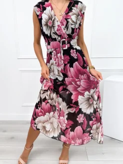 Czarna Plisowana Sukienka w Kwiaty z Paskiem 12450-203-A|Modna Kiecka Discount
