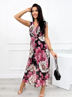Czarna Plisowana Sukienka w Kwiaty z Paskiem 12450-203-A|Modna Kiecka Discount