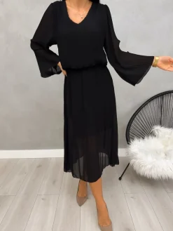 Czarna Plisowana Sukienka Midi 13192-401-D|Modna Kiecka Outlet