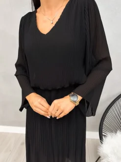 Czarna Plisowana Sukienka Midi 13192-401-D|Modna Kiecka Outlet