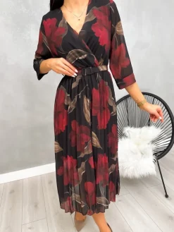 Czarna Plisowana Sukienka w Kwiaty z Paskiem 13191-423-A|Modna Kiecka Online