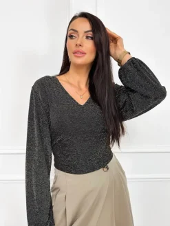 Czarna Połyskująca Bluzka ze Złotą Nitką 13317-199-D|Modna Kiecka New