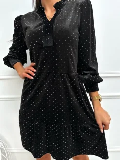 Czarna Połyskująca Welurowa Sukienka 13360-409-B|Modna Kiecka Outlet