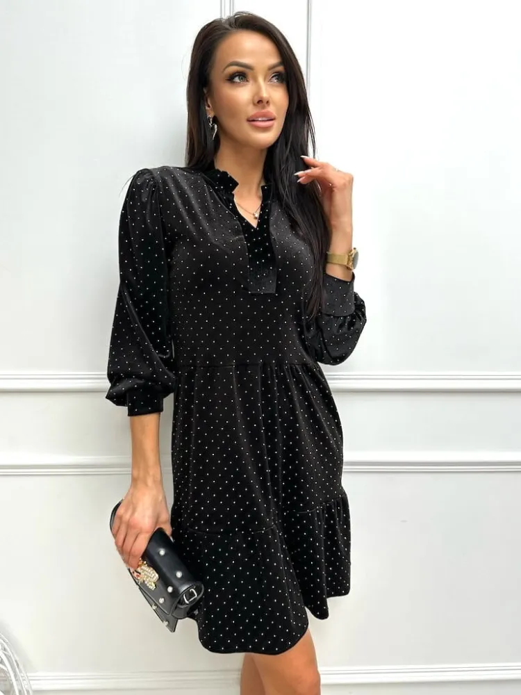 Czarna Połyskująca Welurowa Sukienka 13360-409-B|Modna Kiecka Outlet
