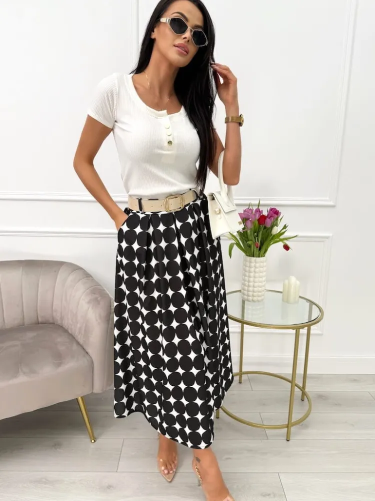 Czarna Spódnica ze Wzorem i Paskiem 13643-04-B|Modna Kiecka Outlet