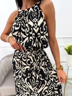 Czarna Sukienka Maxi w Beżowy Wzór z Paskiem 14019-233-C|Modna Kiecka Hot