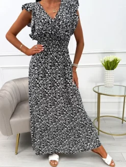 Czarna Sukienka Maxi w Drobne Kwiatki 13930-55-B|Modna Kiecka Sale