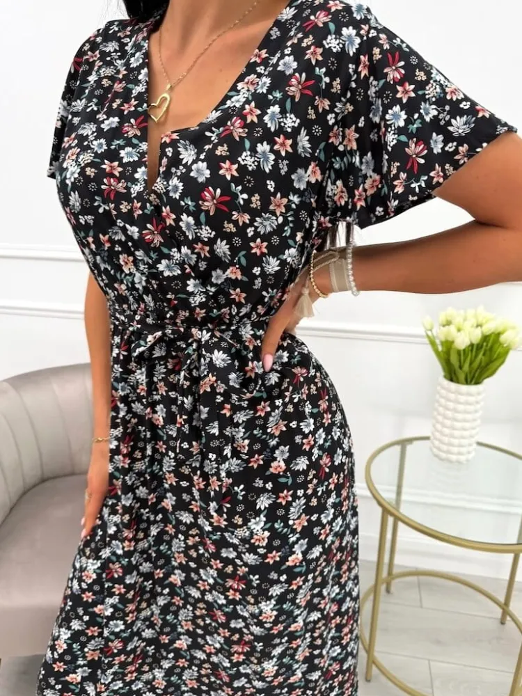 Czarna Sukienka Maxi w Kwiaty 13924-532-A|Modna Kiecka Best