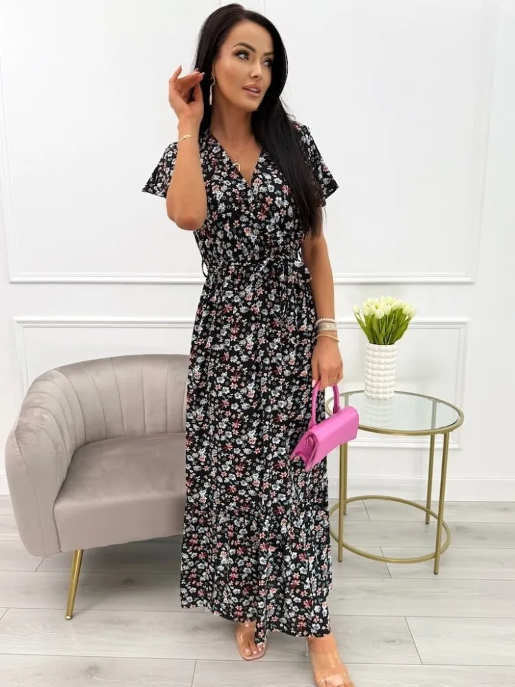 Czarna Sukienka Maxi w Kwiaty 13924-532-A|Modna Kiecka Best