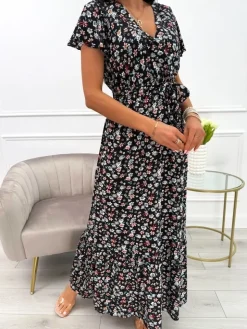 Czarna Sukienka Maxi w Kwiaty 13924-532-A|Modna Kiecka Best