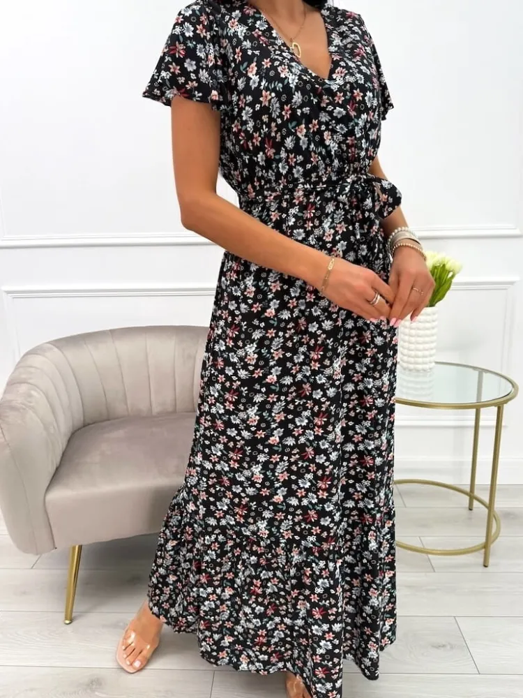 Czarna Sukienka Maxi w Kwiaty 13924-532-A|Modna Kiecka Best