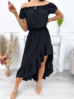Czarna Sukienka Maxi z Falbankami 12266-100-A|Modna Kiecka Online