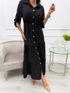 Czarna Sukienka Maxi z Guzikami 13767-65-B|Modna Kiecka New