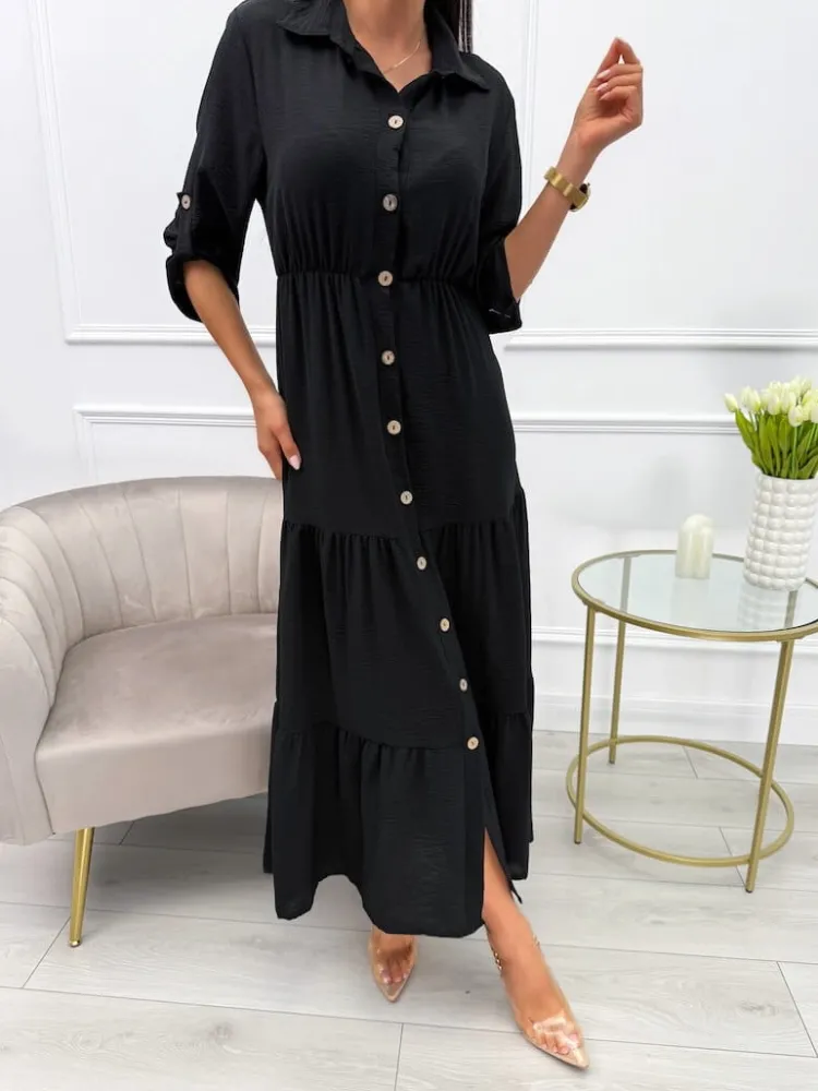 Czarna Sukienka Maxi z Guzikami 13767-65-B|Modna Kiecka New