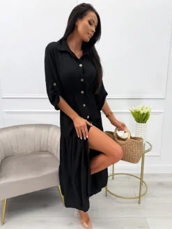 Czarna Sukienka Maxi z Guzikami 13767-65-B|Modna Kiecka New