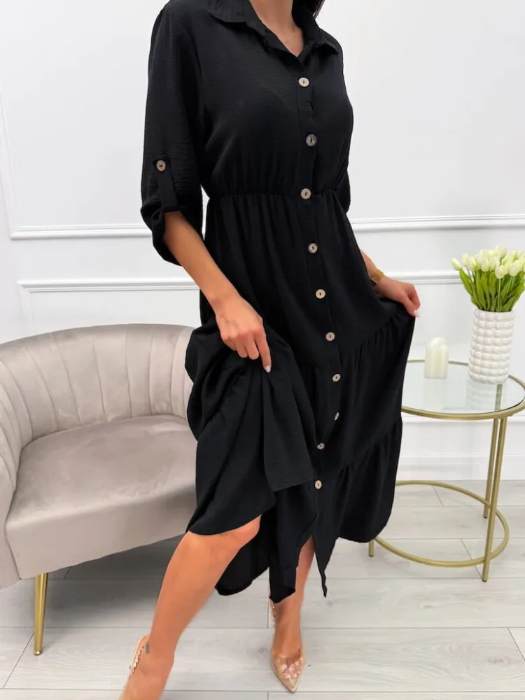 Czarna Sukienka Maxi z Guzikami 13767-65-B|Modna Kiecka New