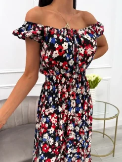 Czarna Sukienka Maxi z Motywem Roślinnym 13925-212-A|Modna Kiecka Sale