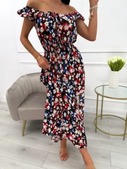Czarna Sukienka Maxi z Motywem Roślinnym 13925-212-A|Modna Kiecka Sale
