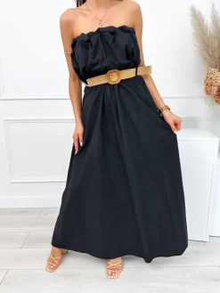 Czarna Sukienka Maxi z Paskiem 12545-520-C|Modna Kiecka Sale