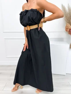 Czarna Sukienka Maxi z Paskiem 12545-520-C|Modna Kiecka Sale