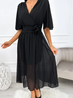 Czarna Sukienka Midi 11096-115-A|Modna Kiecka Outlet