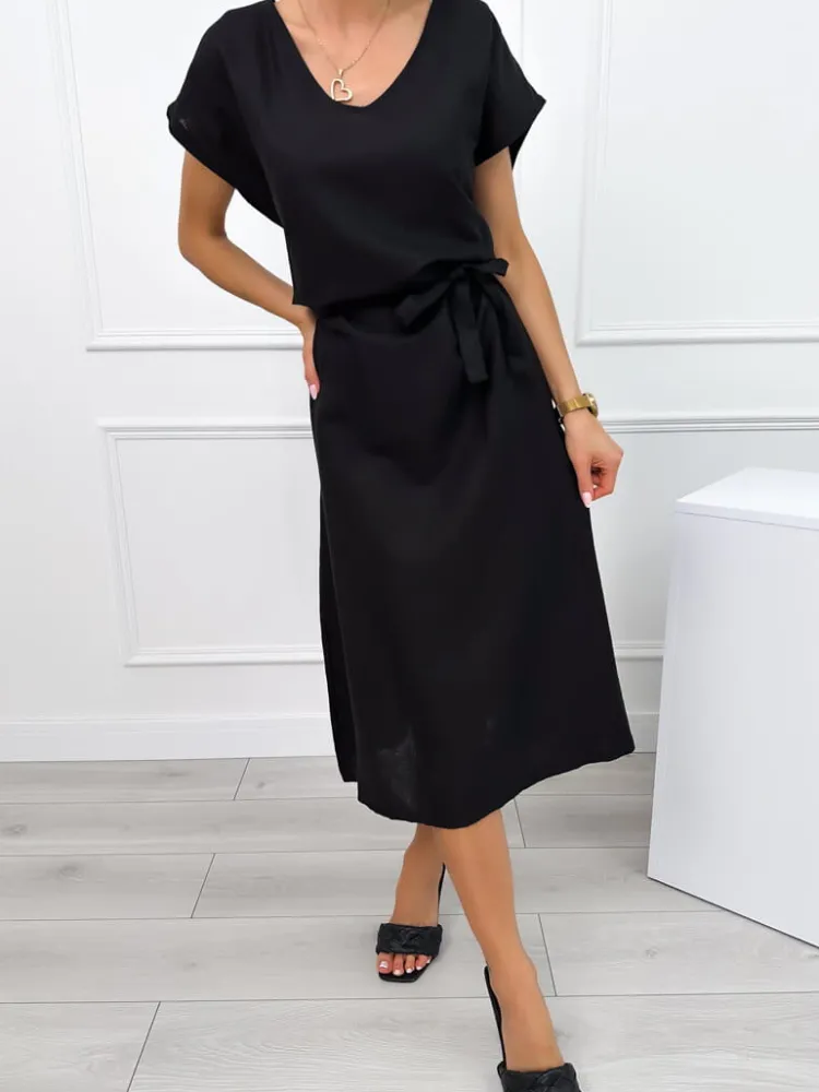 Czarna Sukienka Midi z Paseczkiem 12496-198-B|Modna Kiecka Sale