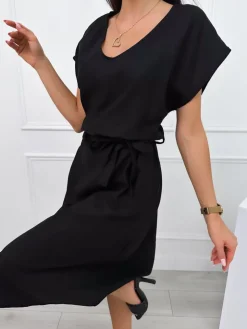 Czarna Sukienka Midi z Paseczkiem 12496-198-B|Modna Kiecka Sale