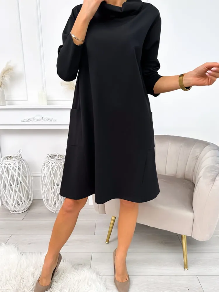 Czarna Sukienka Oversize z Kieszeniami 11236-87-A|Modna Kiecka Outlet