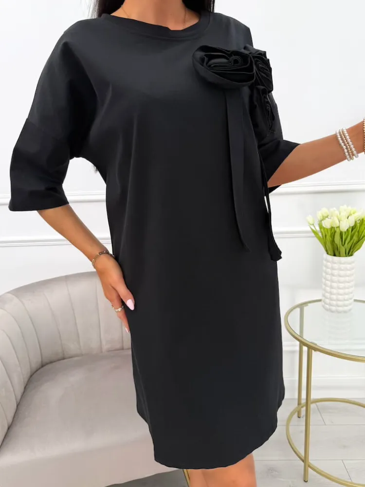 Czarna Sukienka Oversize z Ozdobami 13931-19-B|Modna Kiecka New