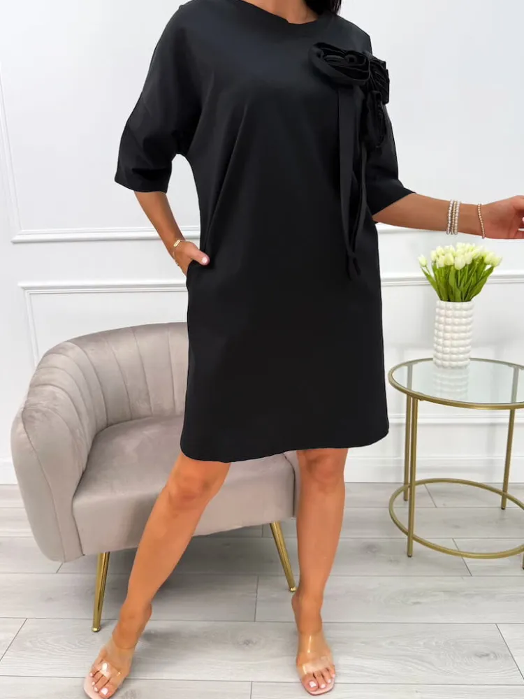 Czarna Sukienka Oversize z Ozdobami 13931-19-B|Modna Kiecka New