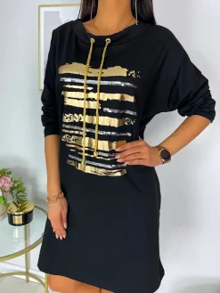 Czarna Sukienka Oversize z Nadrukiem 11715-41-Q|Modna Kiecka Clearance