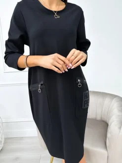 Czarna Sukienka Oversize z Kieszeniami 11202-302-A|Modna Kiecka New
