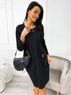 Czarna Sukienka Oversize z Kieszeniami 11202-302-A|Modna Kiecka New