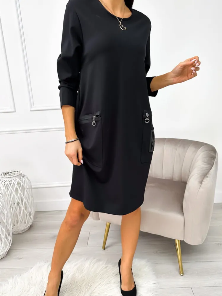 Czarna Sukienka Oversize z Kieszeniami 11202-302-A|Modna Kiecka New
