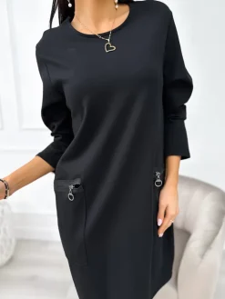 Czarna Sukienka Oversize z Kieszeniami 11202-302-A|Modna Kiecka New