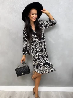Czarna Sukienka w Beżowy Wzór 13105-129-Q|Modna Kiecka Fashion