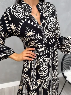 Czarna Sukienka w Beżowy Wzór 13105-129-Q|Modna Kiecka Fashion