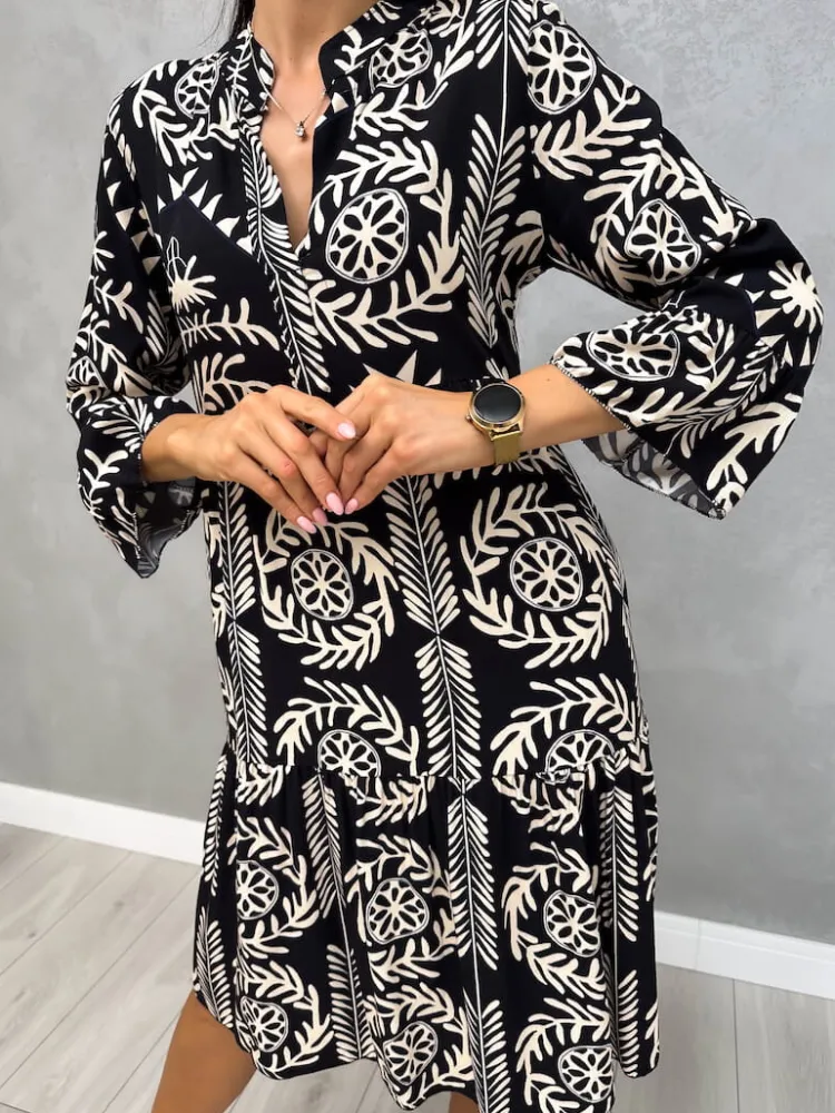 Czarna Sukienka w Beżowy Wzór 13105-129-Q|Modna Kiecka Fashion
