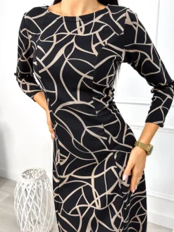 Czarna Sukienka w Beżowy Wzór 13061-43-B|Modna Kiecka New