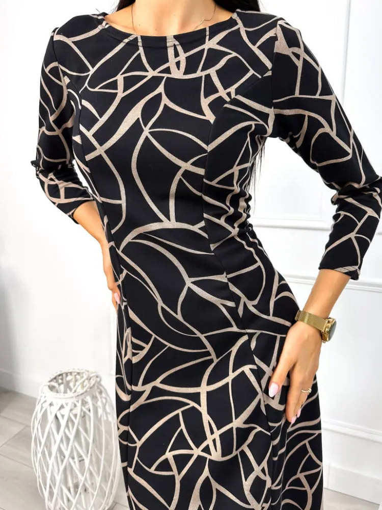 Czarna Sukienka w Beżowy Wzór 13061-43-B|Modna Kiecka New