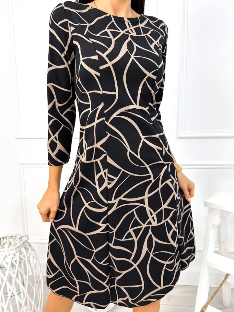 Czarna Sukienka w Beżowy Wzór 13061-43-B|Modna Kiecka New