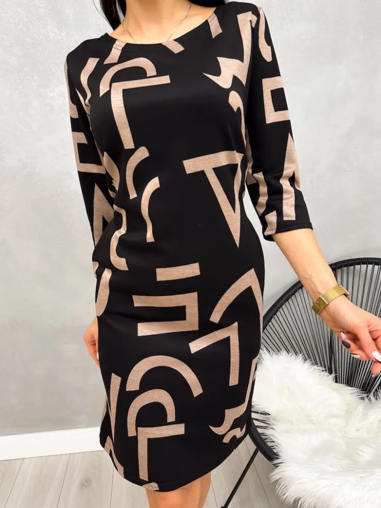 Czarna Sukienka w Beżowy Wzór 13207-296-B|Modna Kiecka Clearance